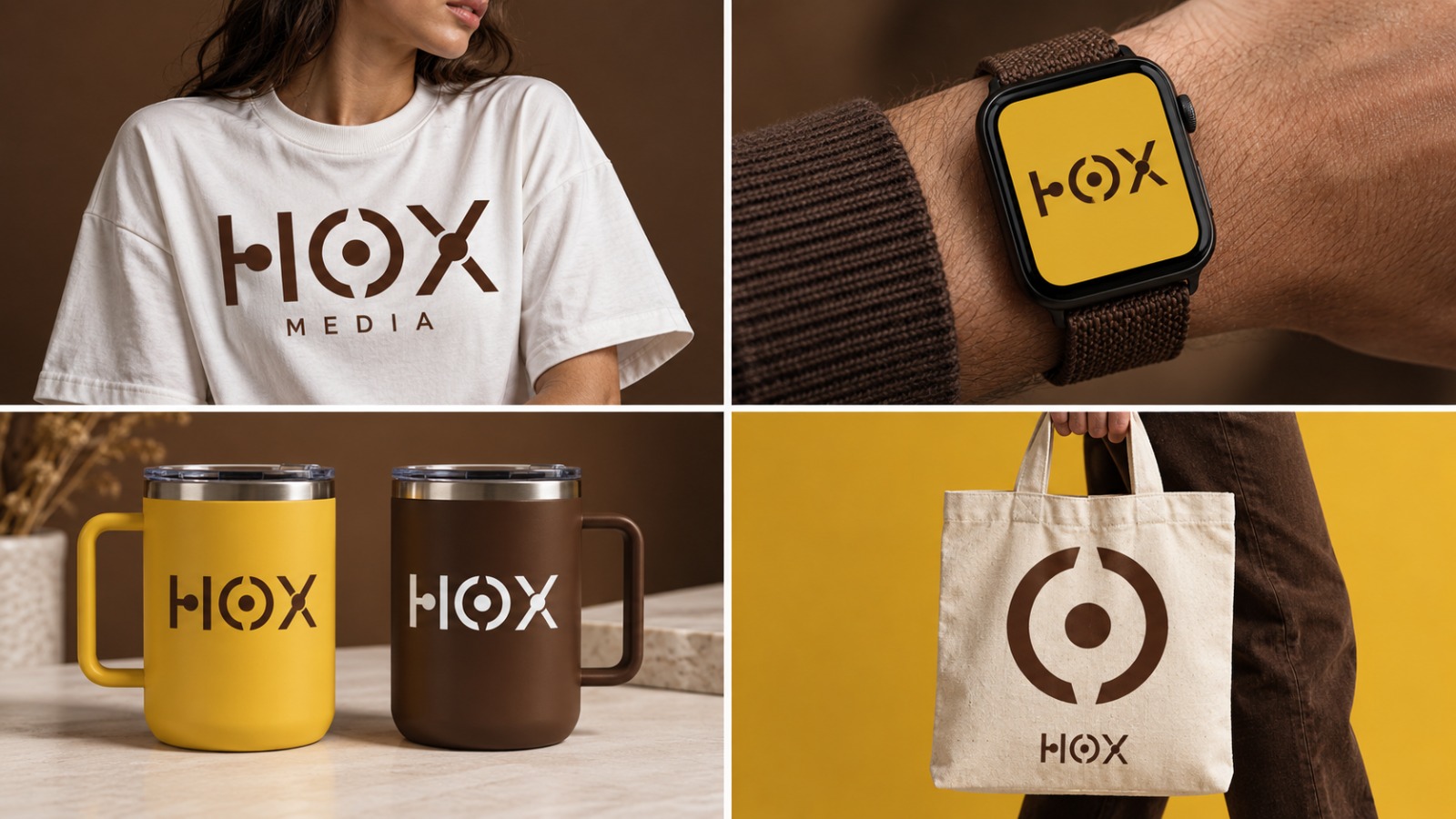 HOX Media branded merch, t-shirt, watch, mugs, tote bag