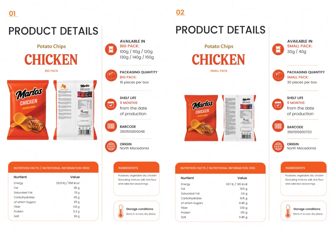Marlos Chicken Chips spec sheet, big and small pack