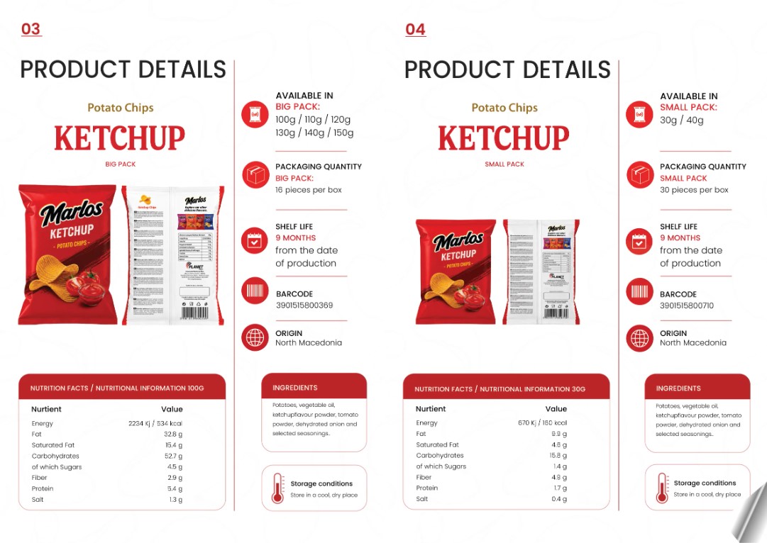 Marlos Ketchup Chips spec sheet, big and small pack