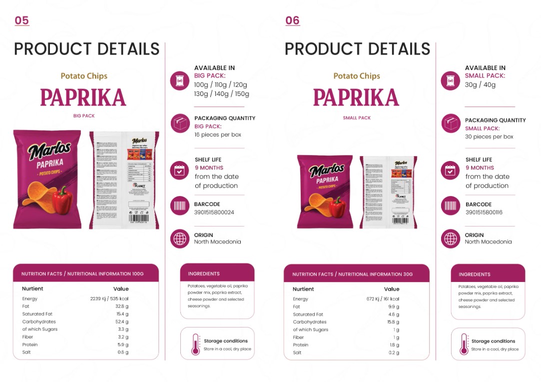 Marlos Paprika Chips spec sheet, big and small pack