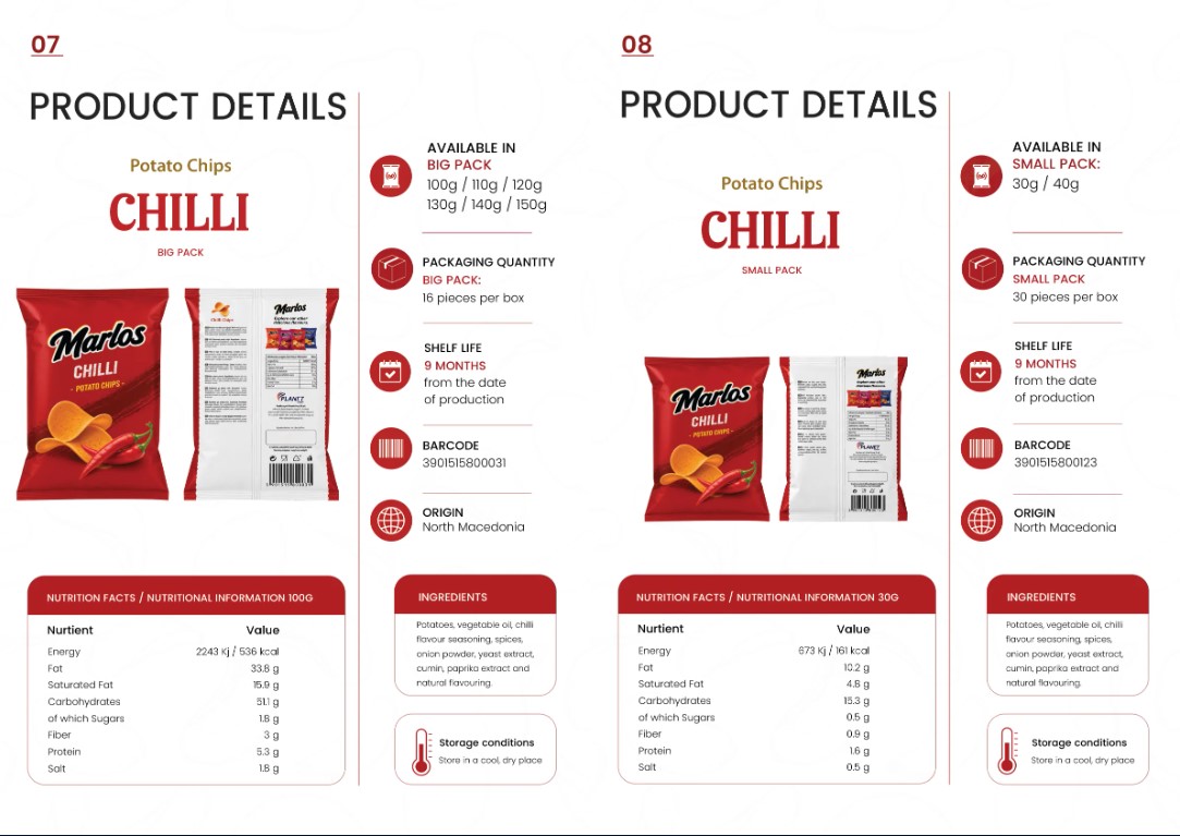 Marlos Chilli Chips spec sheet, big and small pack