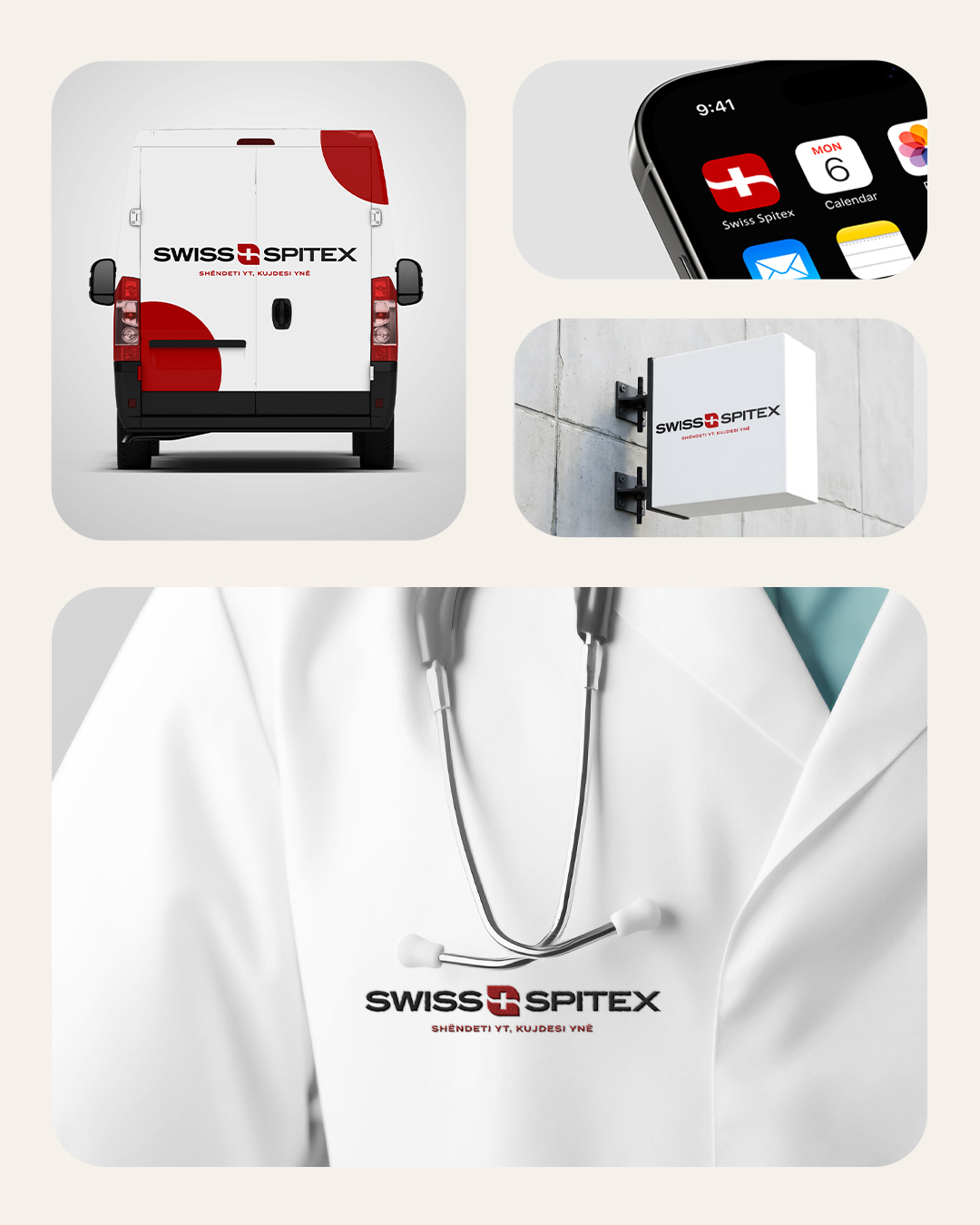 Swiss Spitex identity applied to vehicles, signage, the app icon and staff uniforms