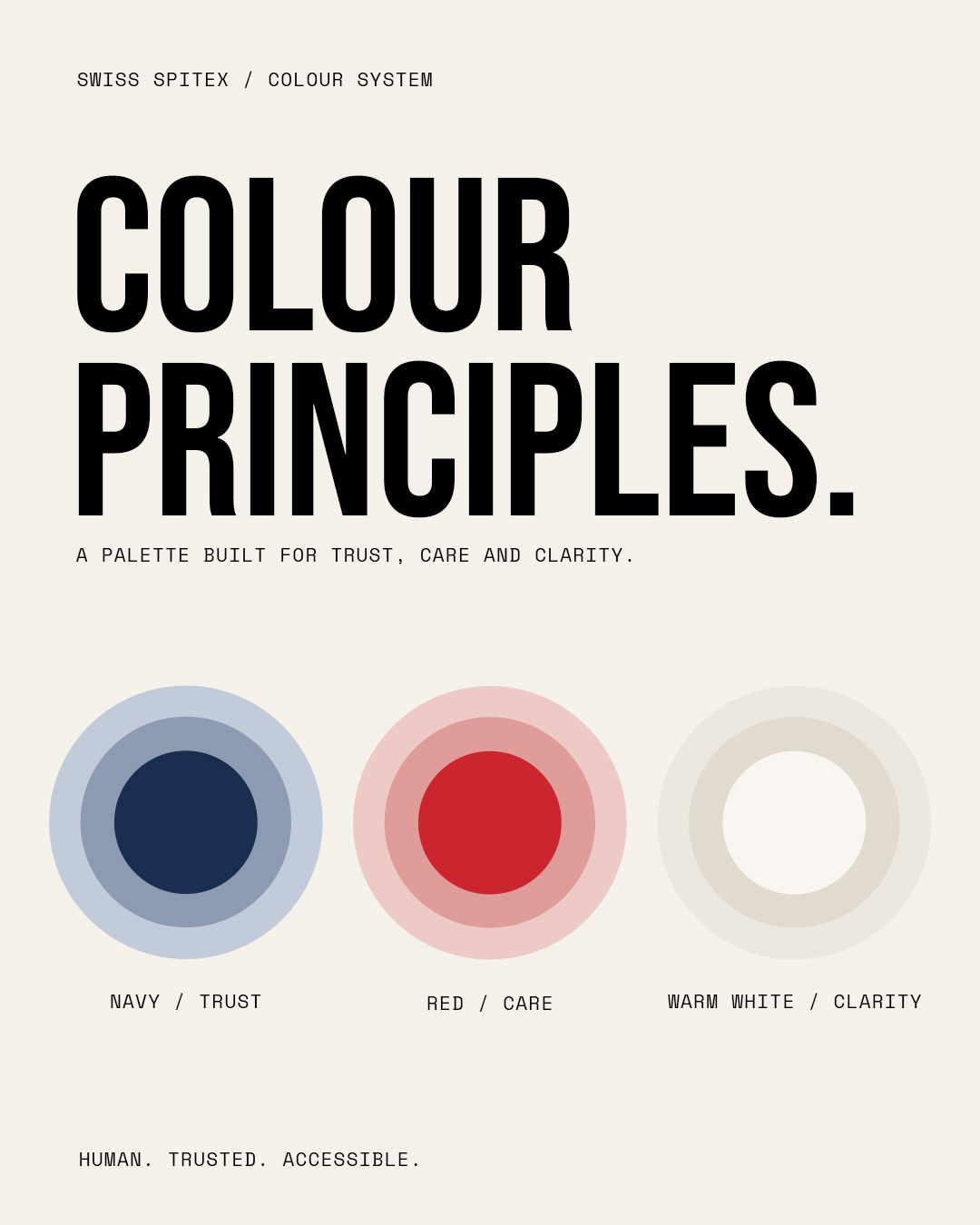 Swiss Spitex colour system: navy for trust, red for care, warm white for clarity